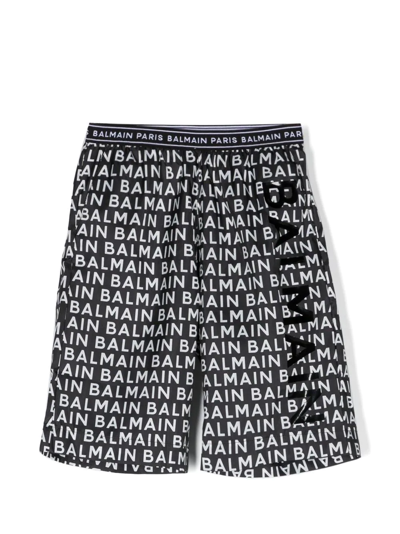 Balmain Teen Black And White Logo Print Swim Shorts