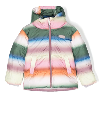 Molo Kids Pink Halo Striped Hooded Quilted Jacket In Blue