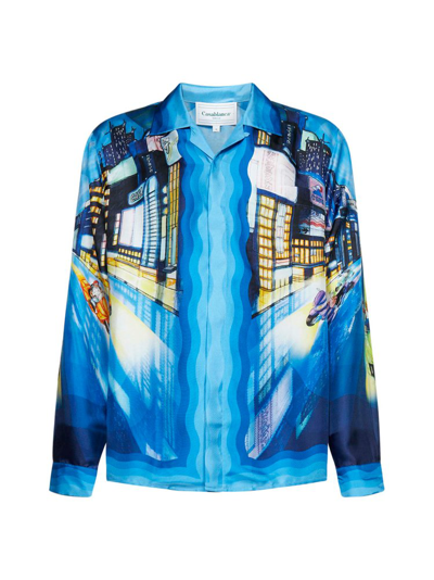 Casablanca Tokyo Nights Print Silk Shirt In Blue