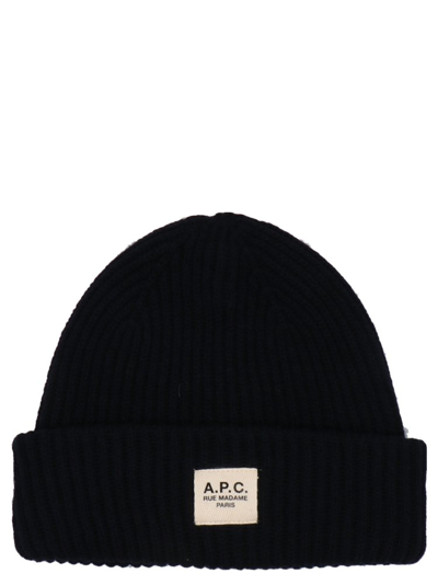 A.p.c. Logo Patch Ribbed Knit Beanie In Grey