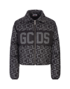 Gcds Woman Black Crop Down Jacket With Monogram Pattern And Logo Band In Black