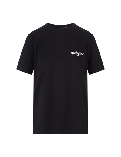 Msgm Woman Black T-shirt With White  Signature In 99 Black