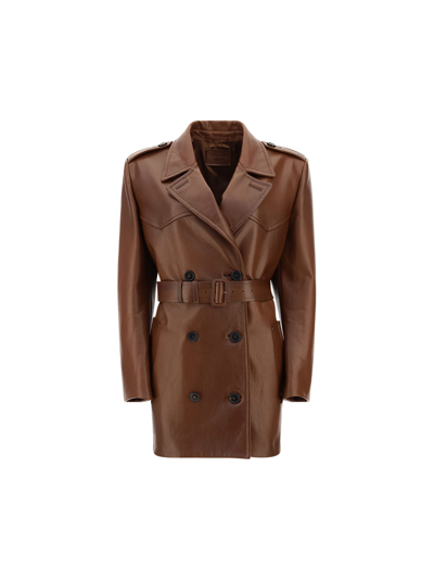 Prada Short Double-breasted Coat In Tobacco-coloured Leather In Brown