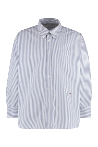 Our Legacy Borrowed Bd Embroidered-logo Striped Shirt In Blue
