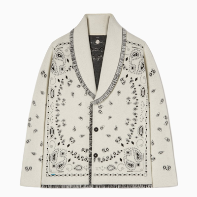 Alanui Shawl-collar Fringed Bandana-jacquard Cashmere Cardigan In Blue