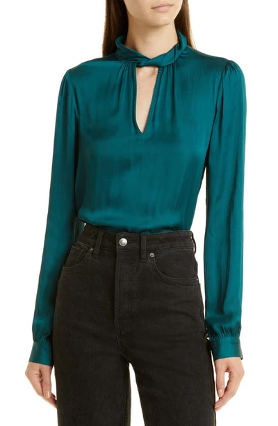 Paige Ceres Cutout Twist Neck Satin Blouse In Midnight Cyan
