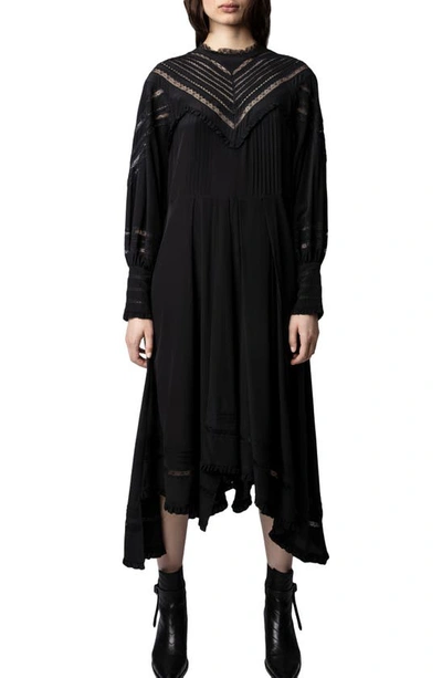Zadig & Voltaire Rozyl Lace-panel Asymmetric-hem Silk Midi Dress In Noir