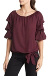 Vince Camuto Tie Waist Off The Shoulder Blouse In Crisp Merlot