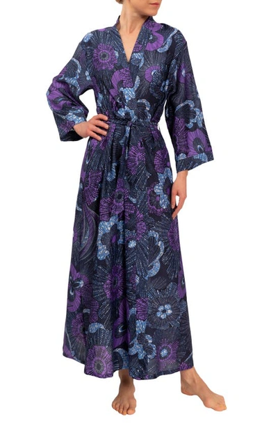 Everyday Ritual Colette Long Sateen Robe In Midnight Garden