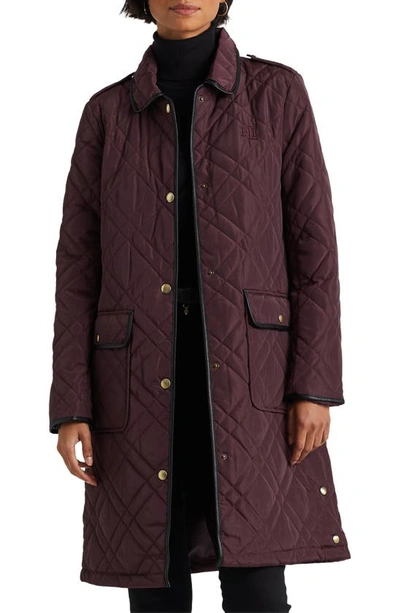 Lauren Ralph Lauren Faux Leather Trim Quilted Coat In Pinot Noir