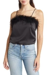 Lulus So Much Luxe Feather Trim Satin Camisole In Black