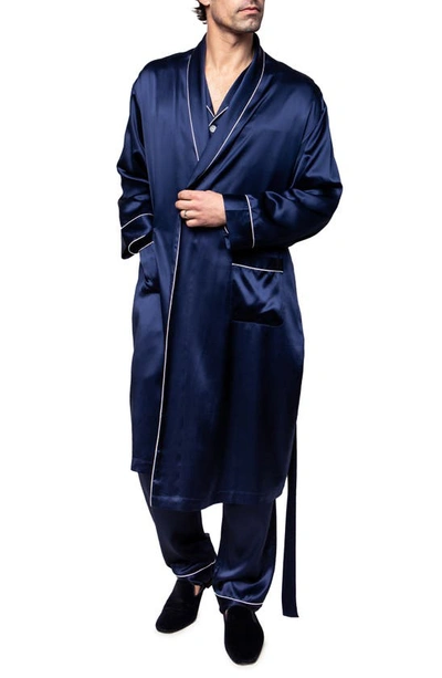 Petite Plume Men's Piped Silk Long Dressing Gown In Navy