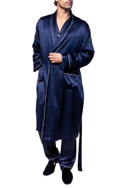 Petite Plume Men's Piped Silk Long Robe In Navy