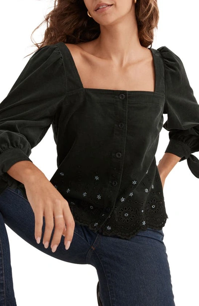 Madewell Embroidered Eyelet Corduroy Tie Sleeve Top In Dark Palm