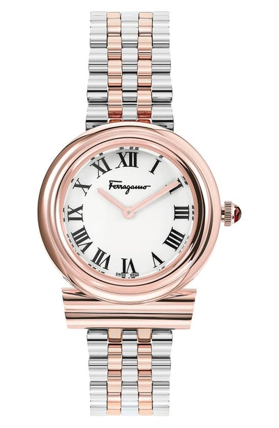 Ferragamo Gancini Watch With Bracelet Strap, Rose Gold/stainless Steel In White/rose Gold