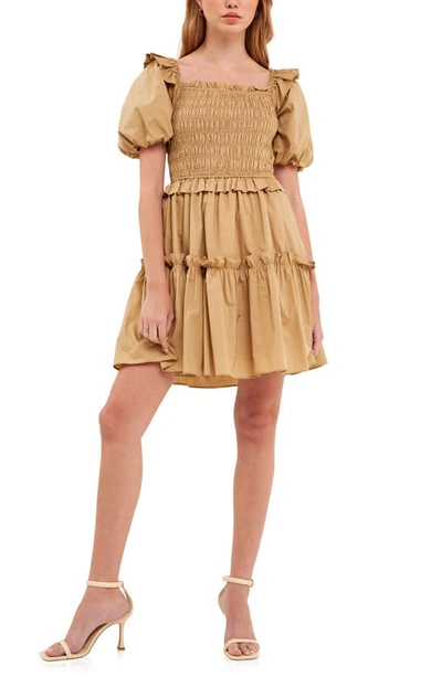 English Factory Shirred Puff Sleeve Tiered Cotton Dress In Tawny