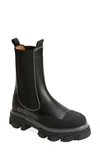 Ganni Cleated Leather Mid Chelsea Boots In Black