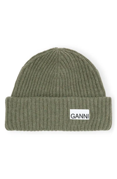 Ganni Loose Wool Rib Knit Beanie In Kalamata