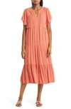 Beachlunchlounge Asena Flutter Sleeve Midi Dress In Coral Blossom