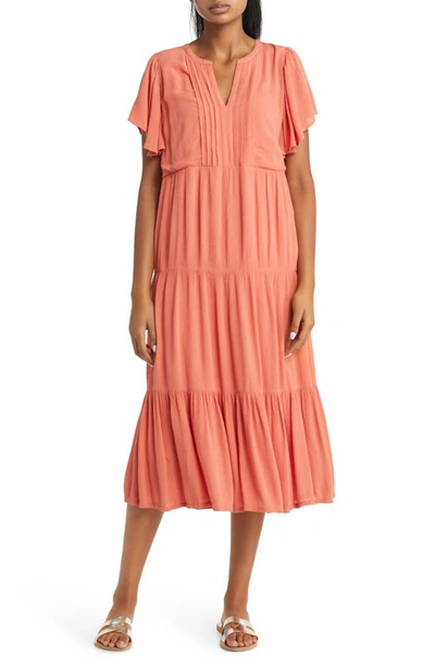 Beachlunchlounge Asena Flutter Sleeve Midi Dress In Coral Blossom