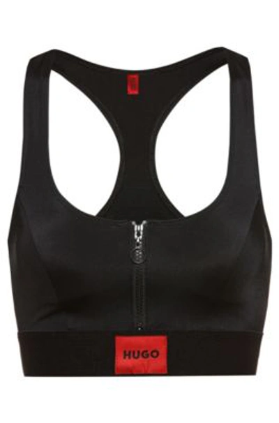 Hugo Racerback Zip-up Bikini Top With Red Logo Label In Black