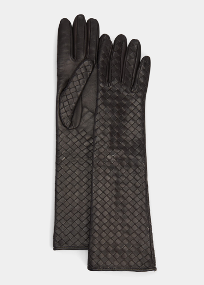 Bottega Veneta Woven Leather & Silk Gloves In 2113 Fondant