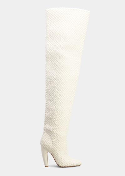 Bottega Veneta Intrecciato Woven Lambskin Over-the-knee Boots In Bianco