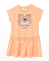 Kenzo Kids' Girl's Tiger Short-sleeve Smocked-waist Dress In Orange