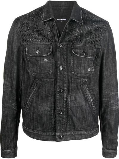 Dsquared2 Studded Distressed Denim Jacket In Black