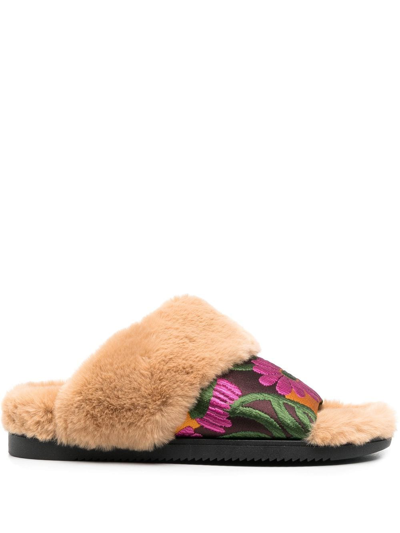 La Doublej Faux-fur Floral Strap Slides In Neutrals