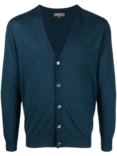 N•peal V-neck Fine-knit Cardigan In Blue