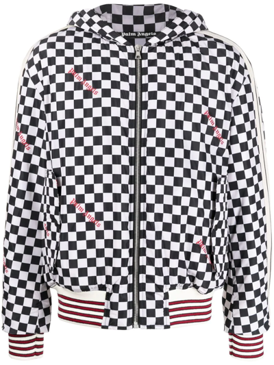 Palm Angels Zip-up Hooded Jacket In Black White