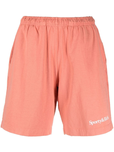 Sporty And Rich Sporty Rich 'serif Logo' Jersey Shorts In Flamingo & White