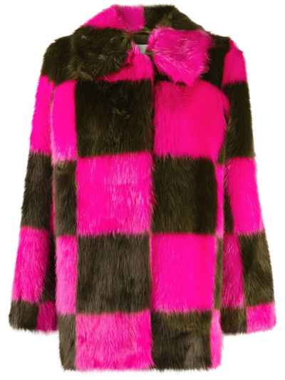 Stand Studio Check-print Faux-fur Coat In Pink