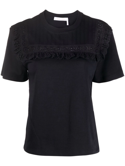 See By Chloé Broderie Anglaise Short-sleeved T-shirt In Blau