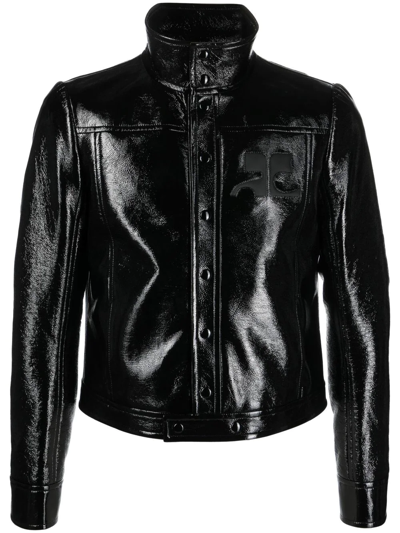 Courrèges Logo Embroidered Coated Cotton Jacket In Black