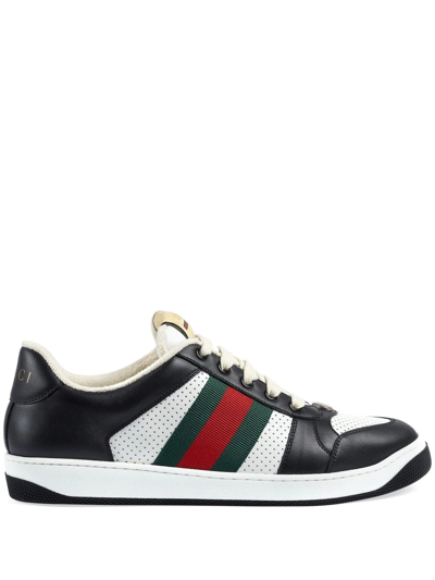 Gucci Screener Webbing-trimmed Perforated Leather Trainers In Black