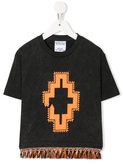 Marcelo Burlon County Of Milan Kids' Logo-print Fringed-trim T-shirt In Schwarz