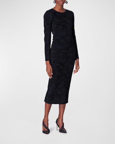Carolina Herrera Textured Floral Long Sleeve Column Dress In Black