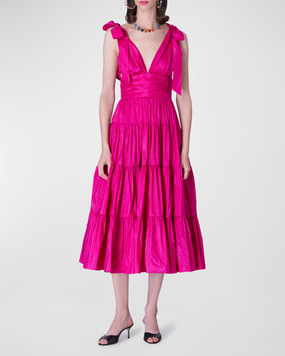 Carolina Herrera Plunging Shoulder-bow Tiered Midi Dress In Pink