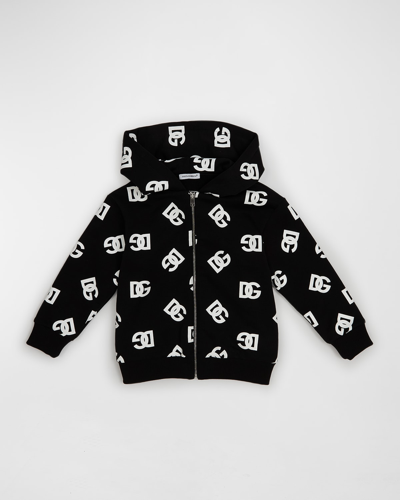 Dolce & Gabbana Logo Print Zip Cotton Hoodie In Black White