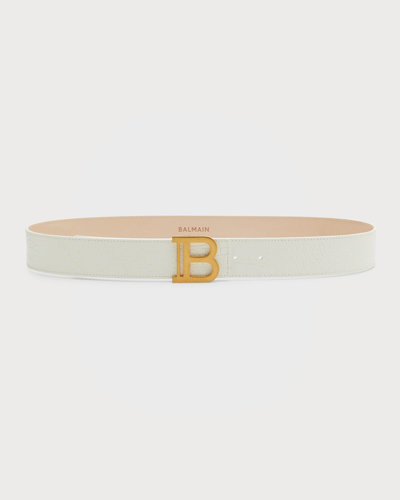 Balmain Logo Croc-embossed Leather Belt In Blanc