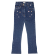 Il Gufo Embroidered Flared Jeans In Denim Blue/bubble Pink