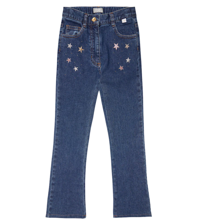 Il Gufo Kids' Embroidered Flared Jeans In Denim Blue/bubble Pink