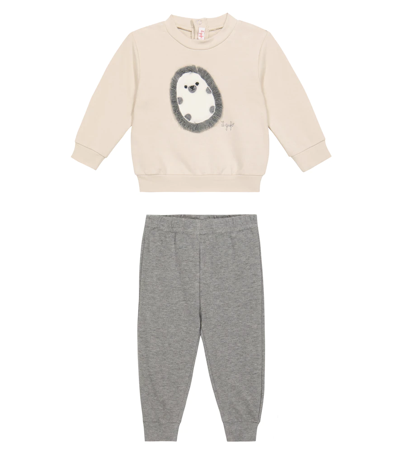 Il Gufo Baby Hedgehog Sweatshirt And Sweatpants Set In Sesame/steel Grey