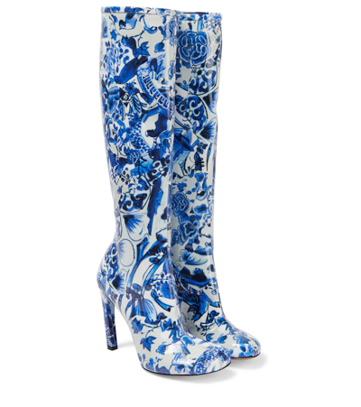 Dries Van Noten Printed 100 Knee-high Leather Boots In Porcelain Blue