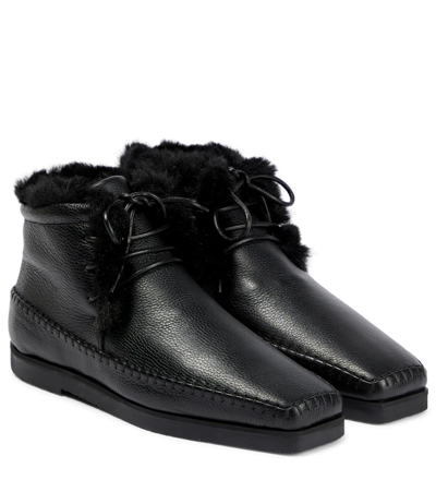 Totême Shearling Leather Square Toe Moccasins In Black