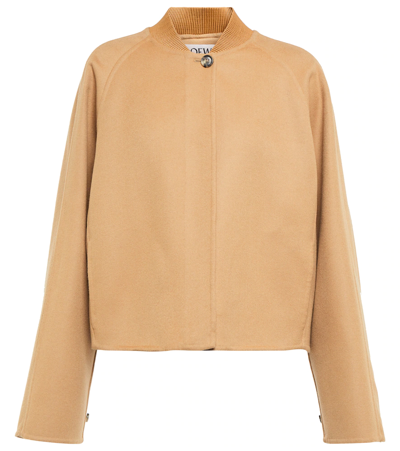 Loewe Cropped Cape-effect Leather-trimmed Wool And Cashmere-blend Jacket In Neutral