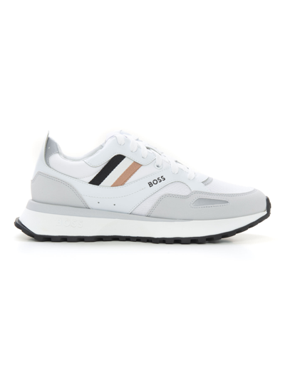 Hugo Boss Mixed-material Trainers With Signature Stripe In White