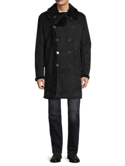 Guess Men's Double-breasted Faux Shearling Long Coat In Black